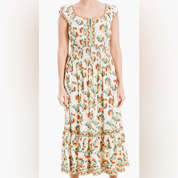 MAX STUDIO - Floral Smocked Maxi Dress White Green and Orange Print Size Small - Picture 5 of 5